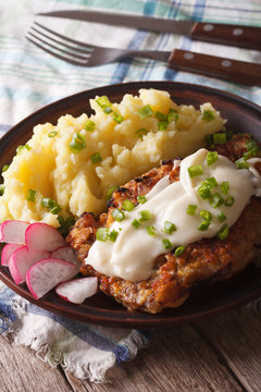 Country Fried Steak with potato garnish close-up vertical
