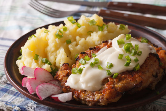 Fried chicken steak with potato garnish close-up horizontal
