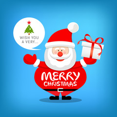 Santa claus, merry christmas message with gift box on blue background