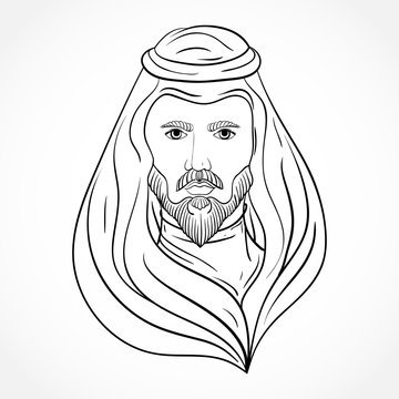 recommend clip art: Arabic man. Black and white hand drawn vector illustration in line art style