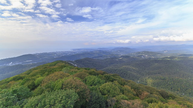 The view from the lookout tower on mount Akhun timelapse, Khosta district, Sochi, Russia