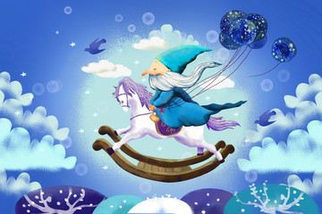 Ilustracja dla dzieci: A stary miły mag leci jadąc na drewnianym koniku na biegunach. Realistyczna fantastyczna historia w stylu kreskówki 