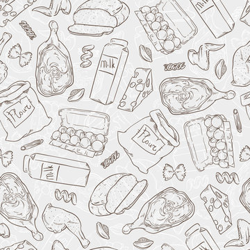 Vector seamless illustration of different food.
