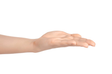 Beauty and Health theme: beautiful elegant female hand show gesture on an isolated white background in studio