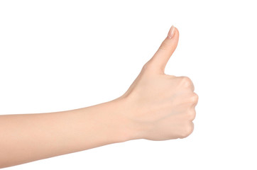 Beauty and Health theme: beautiful elegant female hand show gesture on an isolated white background in studio