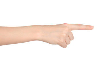 Beauty and Health theme: beautiful elegant female hand show gesture on an isolated white background in studio