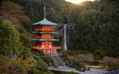 The beautiful scene of Seigantoji pagoda and Nachi no Taki waterfall at early of autumn, Wakayama,...