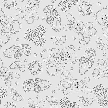 Vector seamless background with hand drawn toys for kids.