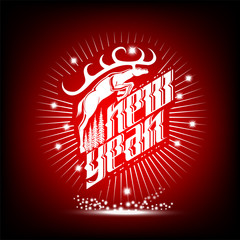 New year white lettering and jumping deer on red background