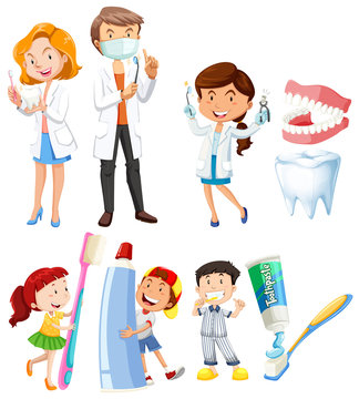 Dentist and children brushing teeth