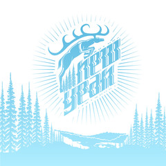 New year blue lettering and jumping deer on landscape forest background