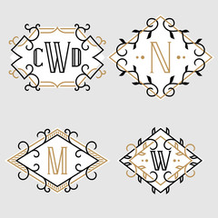 The set of elegant vintage monogram emblem templates in trendy outline style on the light background. Stylish retro business sign, identity, label for hotel, cafe, boutique, jewelry. Stock vector.
