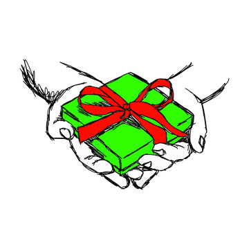 illustration vector doodle hand drawn of sketch hand of person giving or receiving green gift package with red ribbon, isolated on white background.