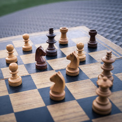 Wooden Chess board Business strategy idea concept background. Vi