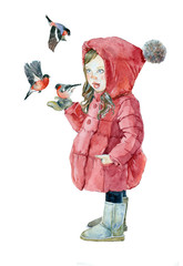 Watercolor little girl with bullfinches