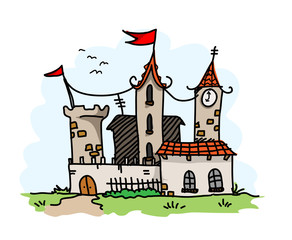 Medieval Mansion, a hand drawn vector illustration of a medieval mansion building, main sketch, colors, and the background are on separate groups for easy editing.