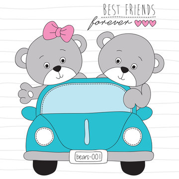 cute teddies bears on the road vector illustration