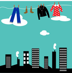 Retro vintage laundry hanging above the city. Vector illustration background with cute and surrealistic elements