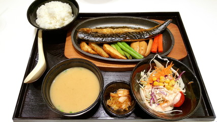 Japanese rice set with saba fisht (Scomber ) steak