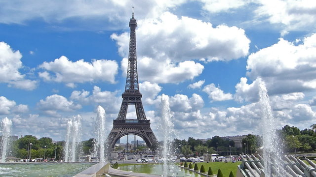 The Eiffel Tower from the Trocadero, cannon fountains, Paris France