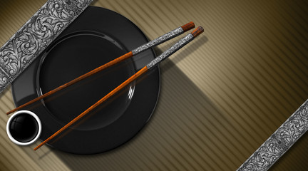 Fototapeta premium Asian Menu with Silver Floral Bands / Asian menu with two chopsticks, black plate and a bowl of sauce. On a brown corrugated background with silver floral bands