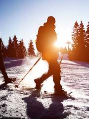 Cross country skier at sunrise or sunset