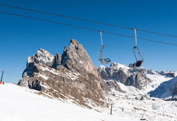 Skiing area in the Dolomites Alps. Overlooking the Sella group  in Val Gardena. Italy