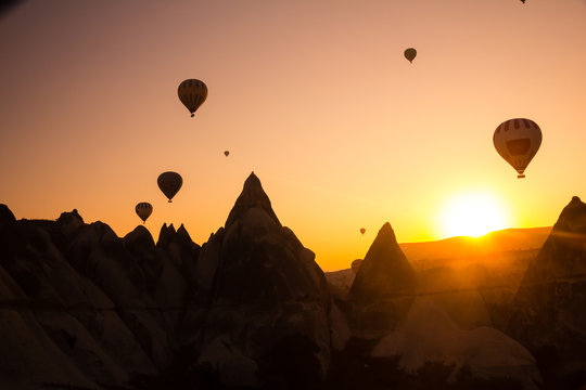 Hot air balloons in Cappadocia, Turkey at sunrise