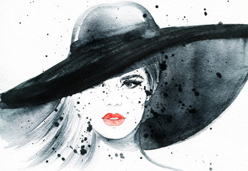 woman portrait with hat .abstract watercolor .fashion illustration © Anna Ismagilova