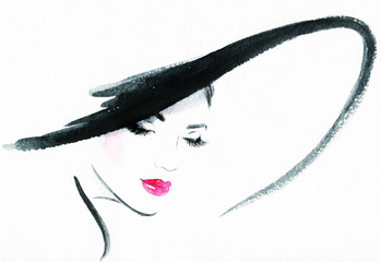 Beau visage. portrait de femme avec chapeau. aquarelle abstraite .fond de mode