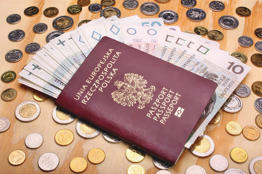 Polish passport and money coins