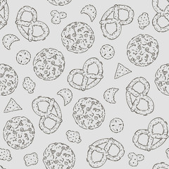 Vector hand drawn seamless texture with cookies, pretzels and crackers.