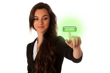 Beautiful young asian caucasian woman pressing a button on trans