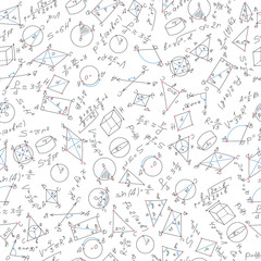 Seamless pattern on the theme of learning and geometry in black marker on a white background with formulas and graphs