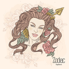 Zodiac. Vector illustration of Sagittarius as girl with flowers.