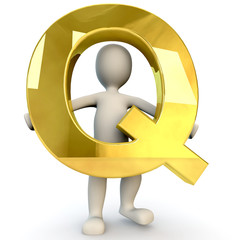 3D Human character holding golden alphabet letter Q