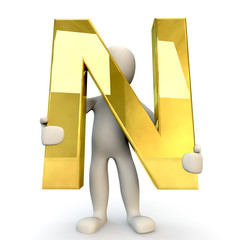 3D Human character holding golden alphabet letter N