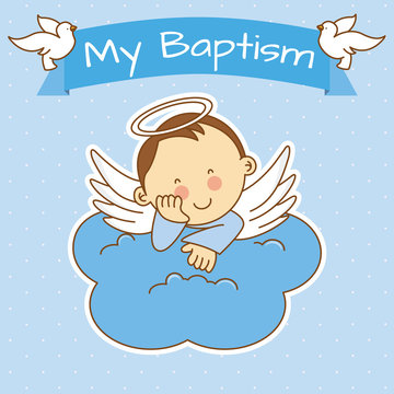 Angel Wings On A Cloud. Boy Baptism