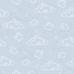 Cute doodle seamless background with clouds and birds. Hand drawn vector illustration.