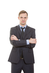 body language. man in business suit isolated white background. Training managers. sales agents. gestures of arms and hands.  crossed arms