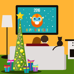 Fototapeta premium Couple and cat watching television sitting on the couch in the room. New Year card template
