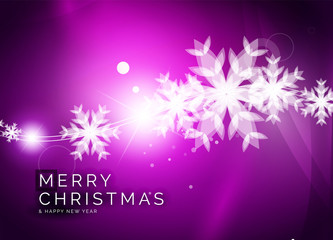 Christmas purple abstract background with white transparent snowflakes