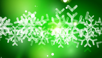 Christmas green abstract background with white transparent snowflakes