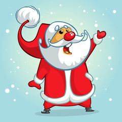 Funny Santa Claus pointing hand. Christmas greeting card background poster. Vector illustration.