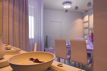 3D illustration of the one-room apartment. Visualization without shaders and textures, with art lighting