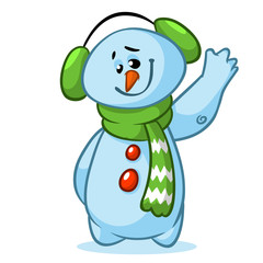Christmas snowman with striped green scarf isolated on white background. Vector illustration