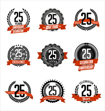 Vector Set of Retro Anniversary Badge Black and Red 25th Years Celebration