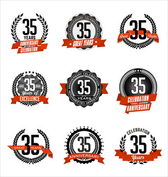 Vector Set Of Retro Anniversary Badge Black And Red 35th Years Celebration