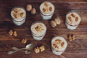 Homemade dessert with curd, walnut and chocolate