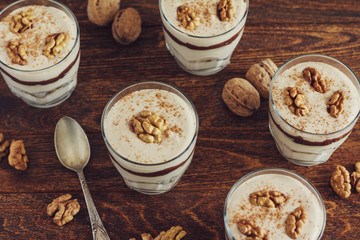 Homemade dessert with curd, walnut and chocolate